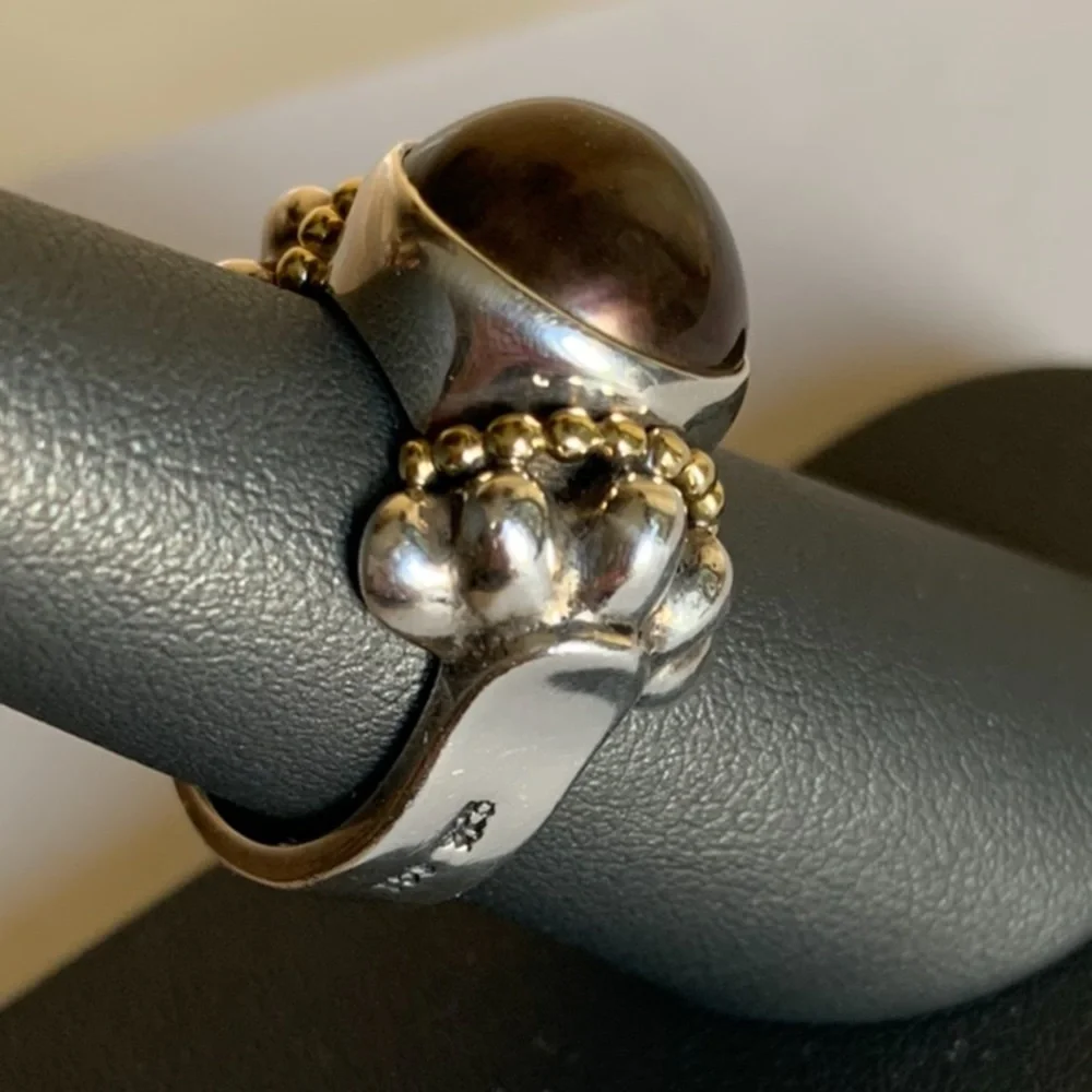 LAGOS SS and 18K gold caviar black mobe ring